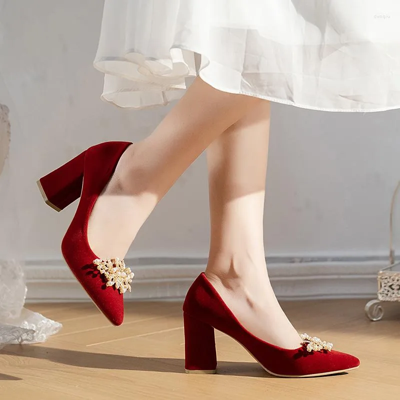 Sandals Red Pearl Wedding Shoes Ladies High Heels Pointed Toe Chunky Heel cm Banquet Women Zapatos