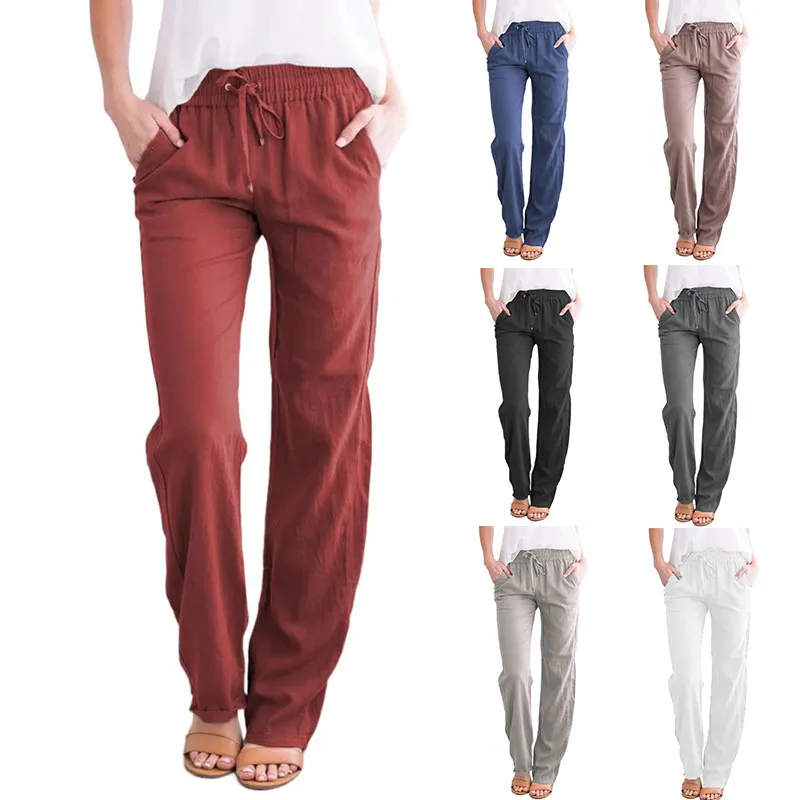 Pantalones de mujer de primavera/verano nuevos de estilo europeo y americano, pantalones de mujer de pierna ancha holgados y relajados con cordón de cáñamo de algodón sólido