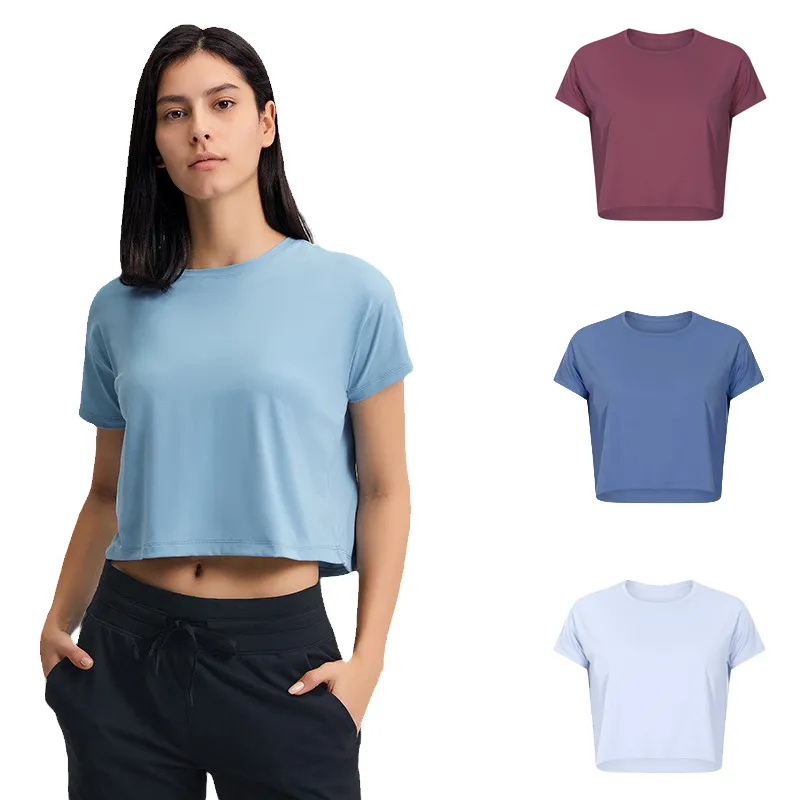 Lu exponerad navel kort yoga smock kortärmad topp kvinnors snabbtorkande nylon lös t-shirt träning löpning sport fitness kostym