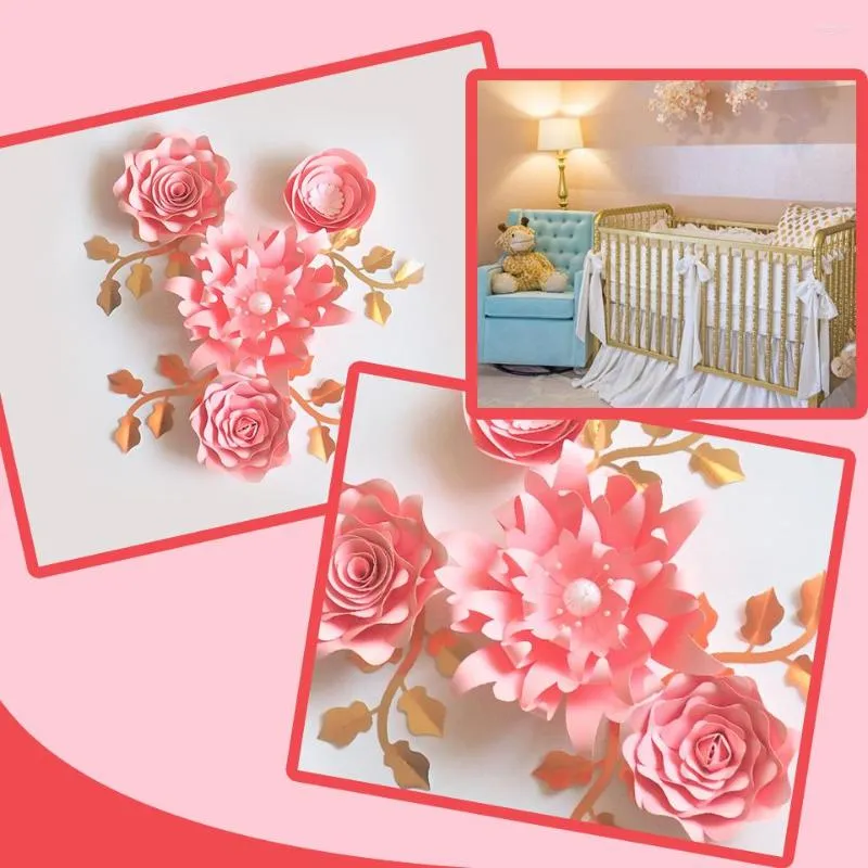 Декоративные цветы ручной розовой розовой листья бумаги, установленные для свадебных событий, украшения декорации девочки детские настенные видеороузы видео