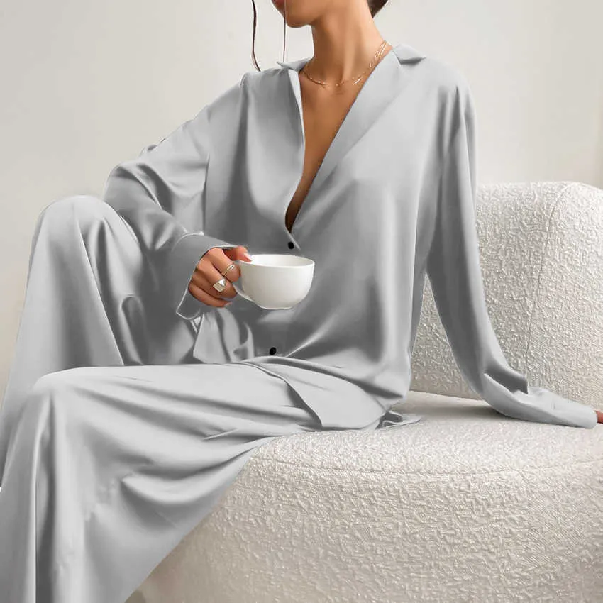 Sleep Lounge Satin Pyjamas Dam Knäppning Sovkläder Nattlinne Nedfällbar krage Pyjamas Nattkläder med byxor 2 ST ShirtPants Kostym