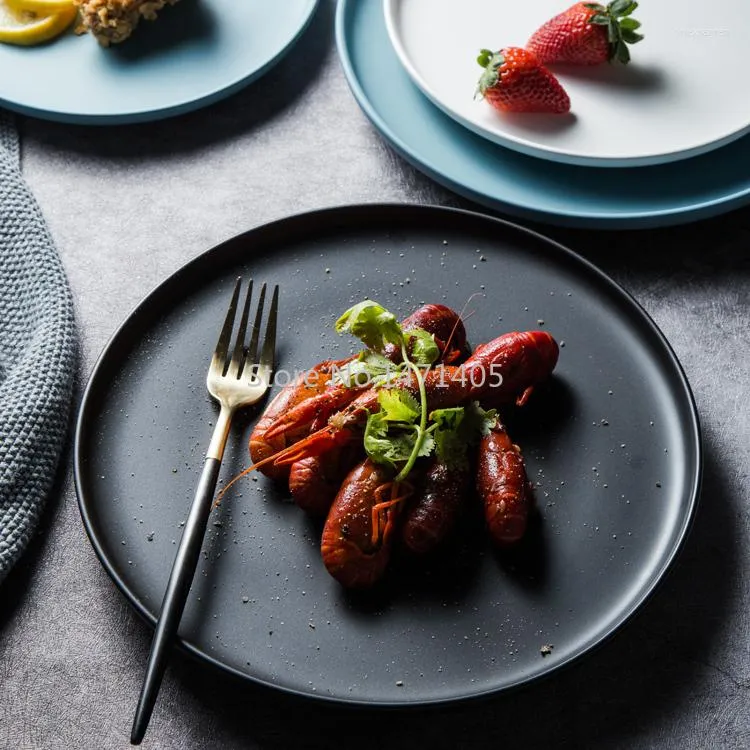Platos nórdicos creativos de cerámica para el hogar, plato de cena occidental, bandeja para carne, vajilla negra, desayuno, redondo y plano