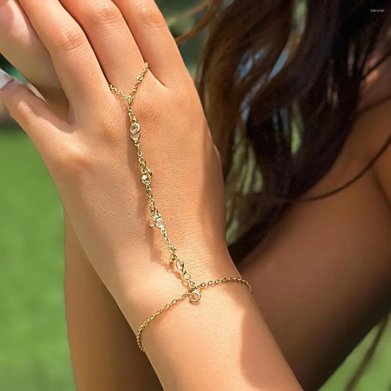 Link Bracelets Boho Creative Zircon Chain Finger Ring For Women Wed Bridal Dancer Vintage Connected Hand Harness Jewelry