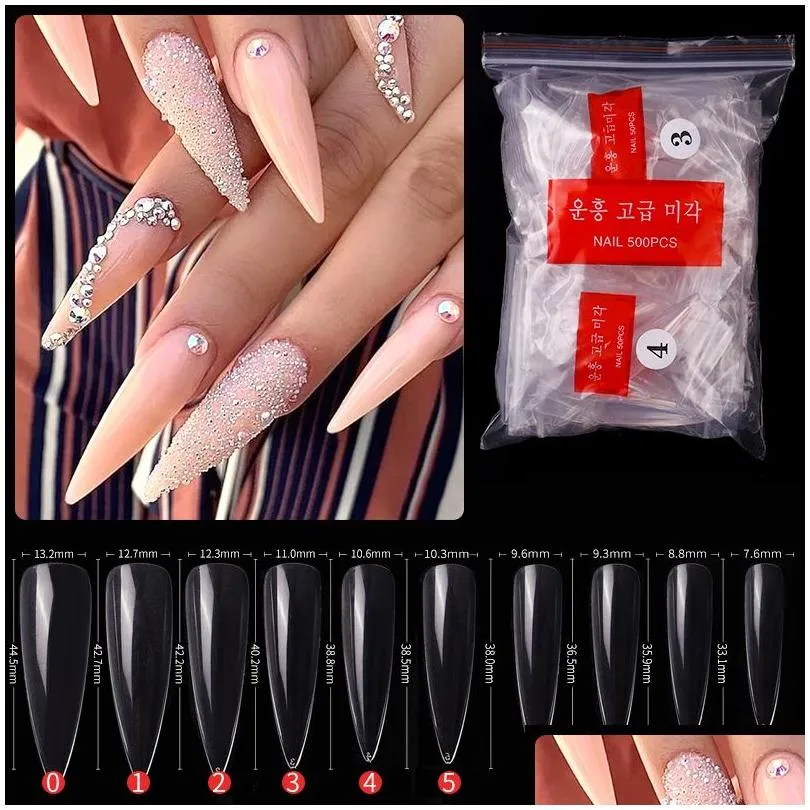 False Nails 500pcs/set Stiletto 네일 팁 명확한/자연 플로티 가짜 손톱 아크릴 UV 젤 폴란드 살롱 매니큐어 도구 DHCWD