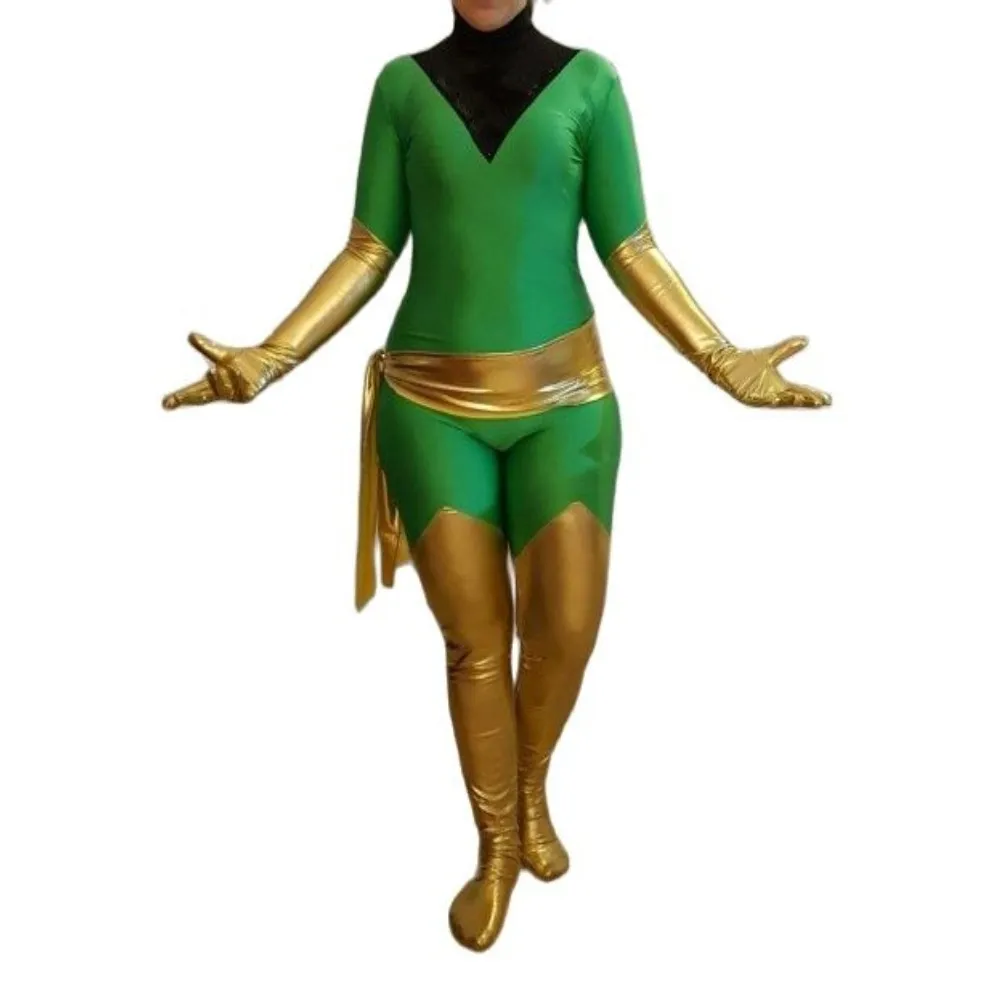 Green & shiny gold Cosplay Catsuit girls Spandex Zentai Bodysuit Halloween jumpsuit Unisex Outfit Party Fancy Dress