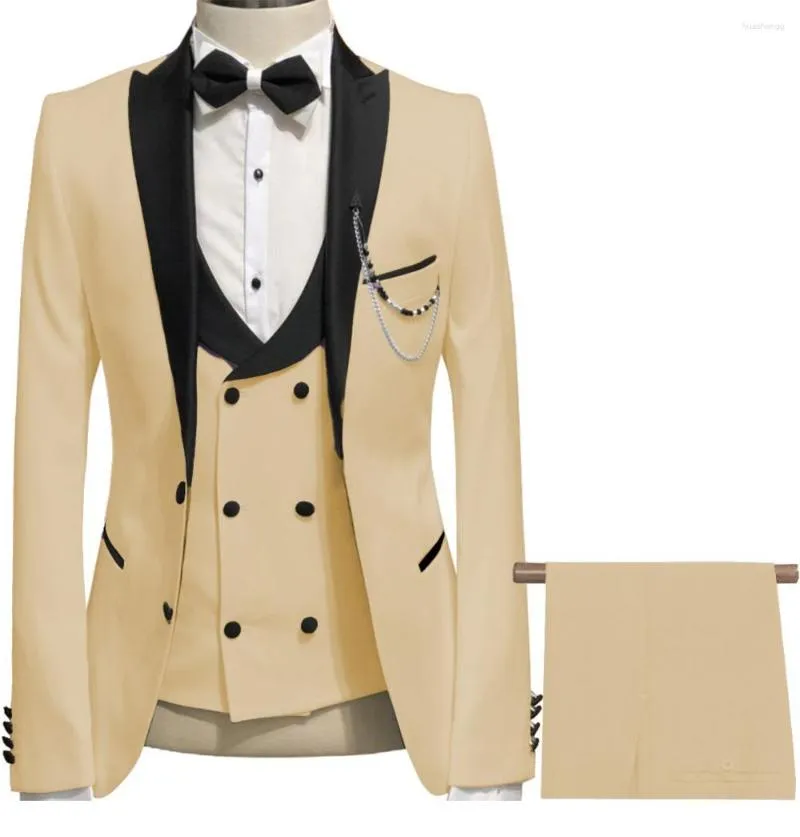 Costumes pour hommes Marque Hommes Beige Et Noir Marié Tuxedos Peak Revers Garçons D'honneur 3 Pièces Ensemble (Veste Pantalon Gilet Noeud Papillon) D331