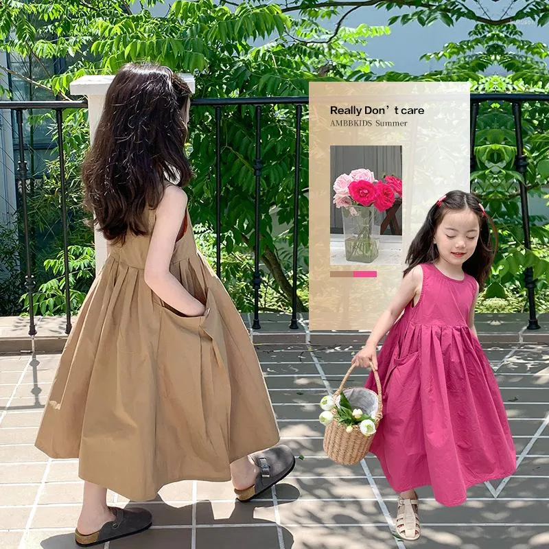 Fille robes robe 2023 été tempérament sans manches princesse coton décontracté Simple couleur unie doux robe d'été filles