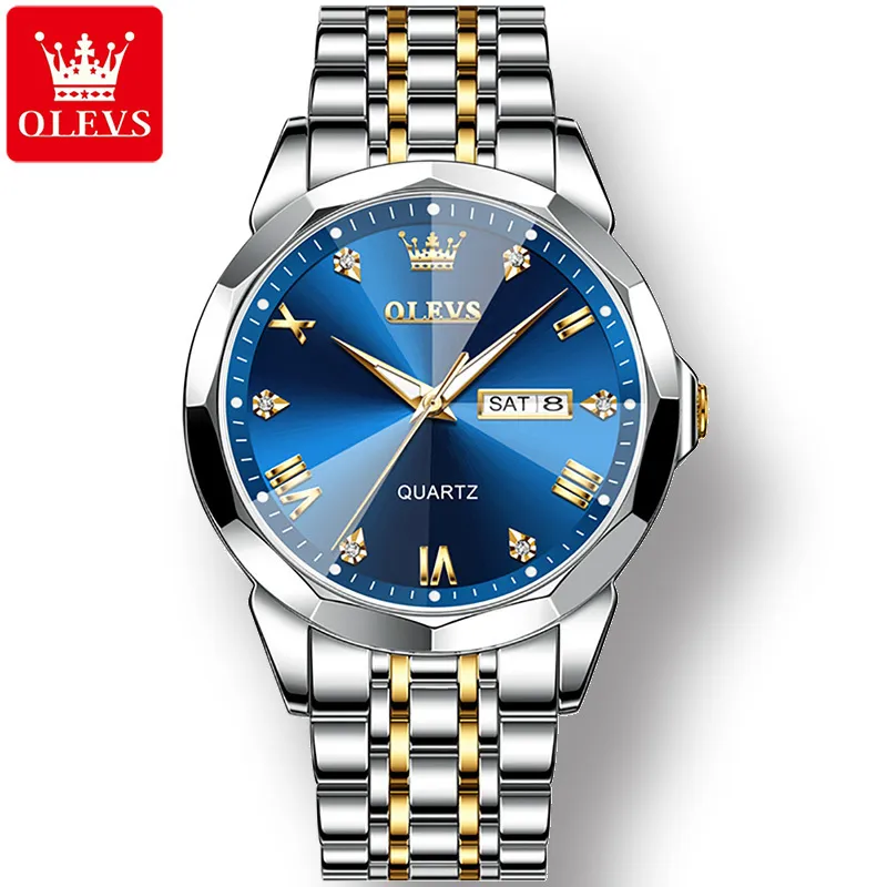 Zegarki na rękę OLEVS 9931 Pasek ze stali nierdzewnej Wodoodporny męski zegarek Biznesowy podwójny kalendarz Luksusowy diamentowy zegarek kwarcowy dla mężczyzn 230707