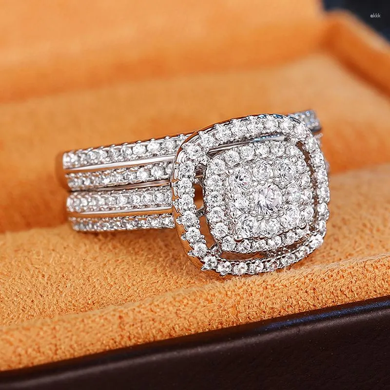 Cluster Rings Elegant 2Pcs Set Engagement For Women 925 Sterling Silver Dazzling Zircon Accessories Female Graceful Jewelry