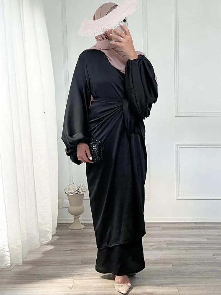Vêtements ethniques Robe Abaya 2 pièces pour femmes Robes longues islamiques avec jupe portefeuille Dubaï Modestie turque Tenue assortie Ensemble musulman Ramadan Eid 230707