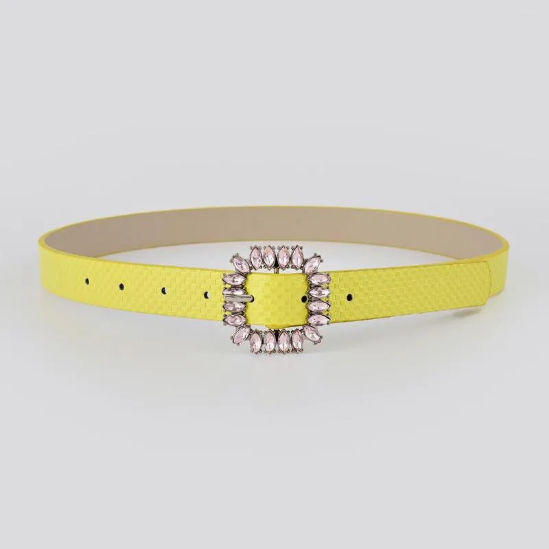 Belts Fashion Embossed Yellow Skinny Strap With Light Pink Rhinestones Buckle For Women