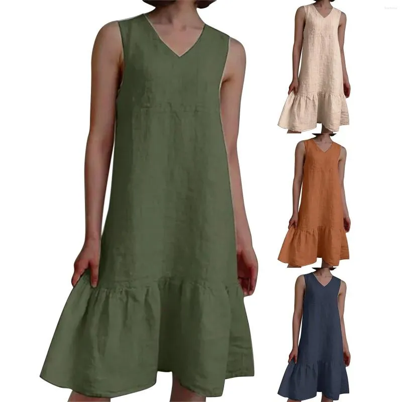 Casual Dresses Women's Medium Length Dress Loose V Neck Solid Pleated Camisole Cotton Linen