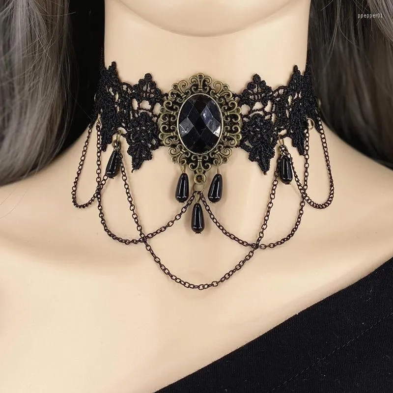 ペンダントネックレスゴスレースネックレス合成ビッグ宝石鎖骨ネックチェーン水滴ファッションジュエリー Collares パラ Mujer