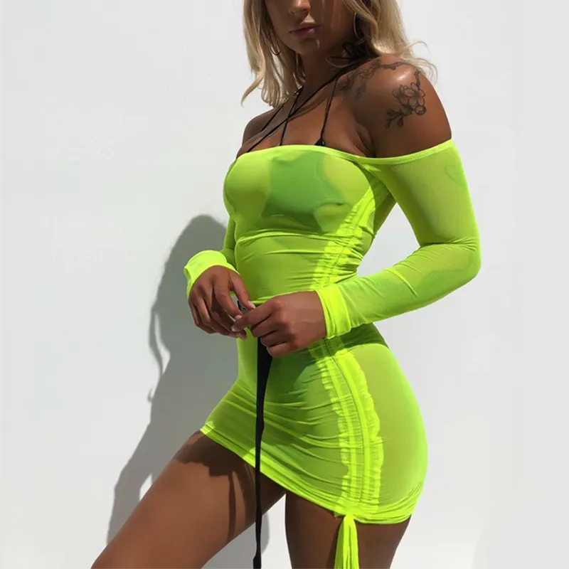 Autumn Long Sleeve Beach Style Neon Color Dress Fashion Mesh Sheer Bodycon Dress Womens Transparent See Through Mini Short Vestidos