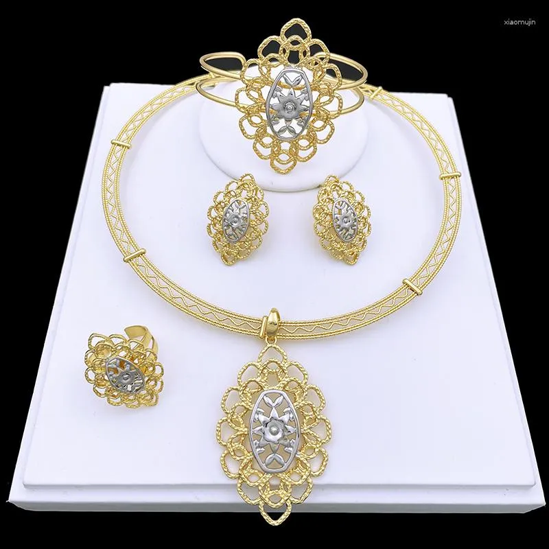 Collier boucles d'oreilles ensemble italie plaqué or deux tons Dubai bijoux colliers Bracelet pour femmes mariée mariage fête accessoires cadeau