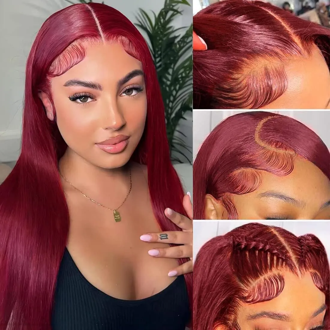 13x4 99J Burgundy Lace Front Wigs Human Hair for Black Women Straight Wig Pre Plucked with Baby Hair Wine 26Inch Red Colored