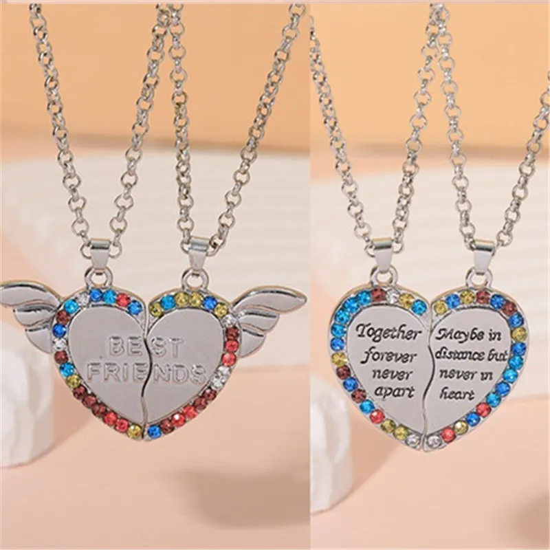 Cute Colorful Rhienstone Best Friend Pendants Heart Necklace Designer for Children Girls Silver Plated Link Chain Choker BFF Necklaces Fashion Jewelry