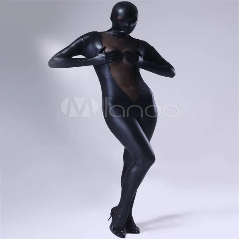 Top Fashion Black Metal With V Type Mesh Full Bodysuit Zentai