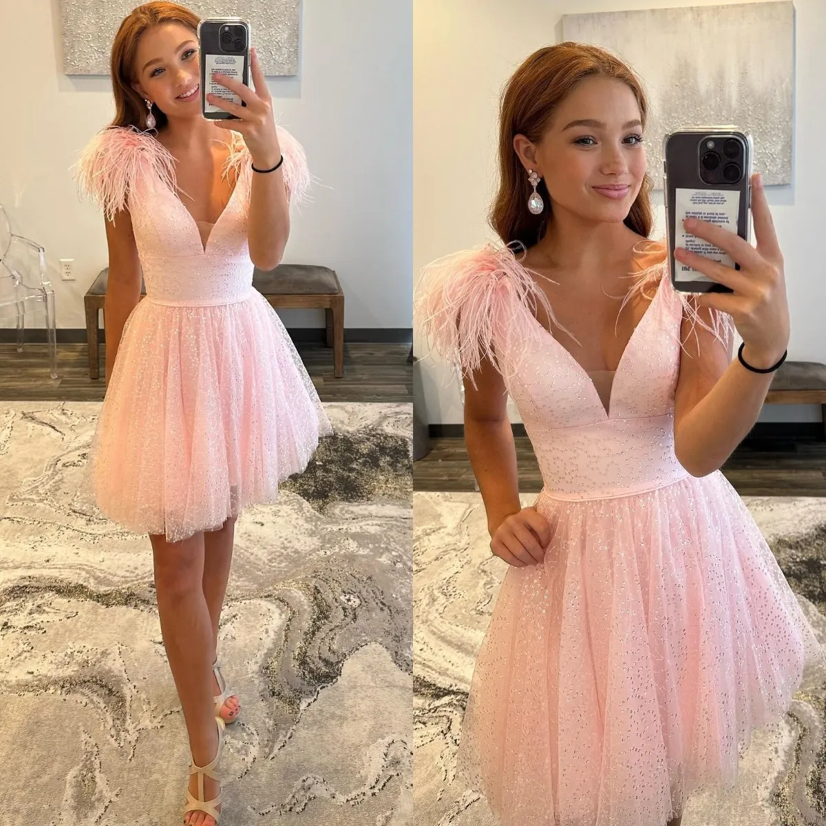 Lindo Vestido de Coquetel Rosa Espaguete Penas Decote em V Vestidos curtos de baile Miçangas Glitter mini festa de boas-vindas Vestido para ocasiões especiais