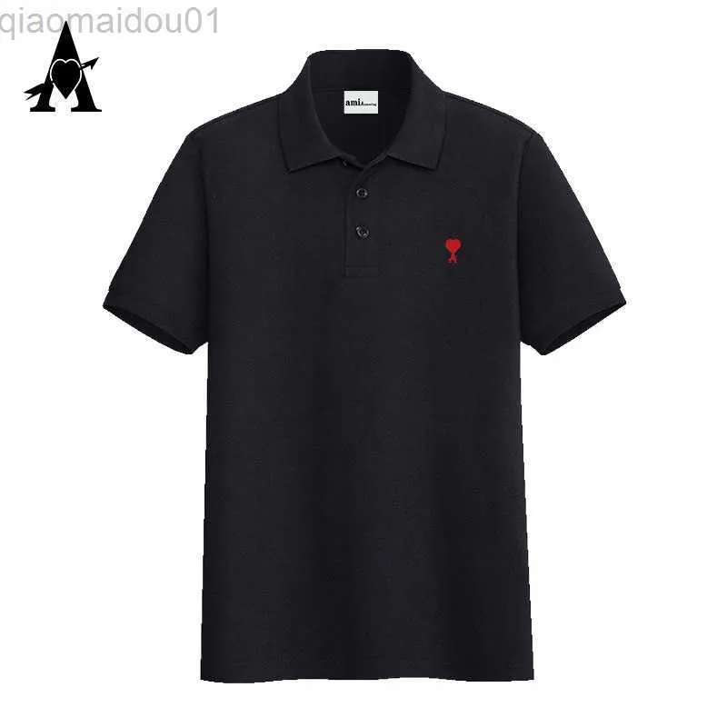 Men's T-Shirts AMI AMORING Brand Classic Peach Heart A Print Polo Shirts Mens Bussiness asual Loose Pure Cotton Short Sleeve T-Shirt Streetwear L230707