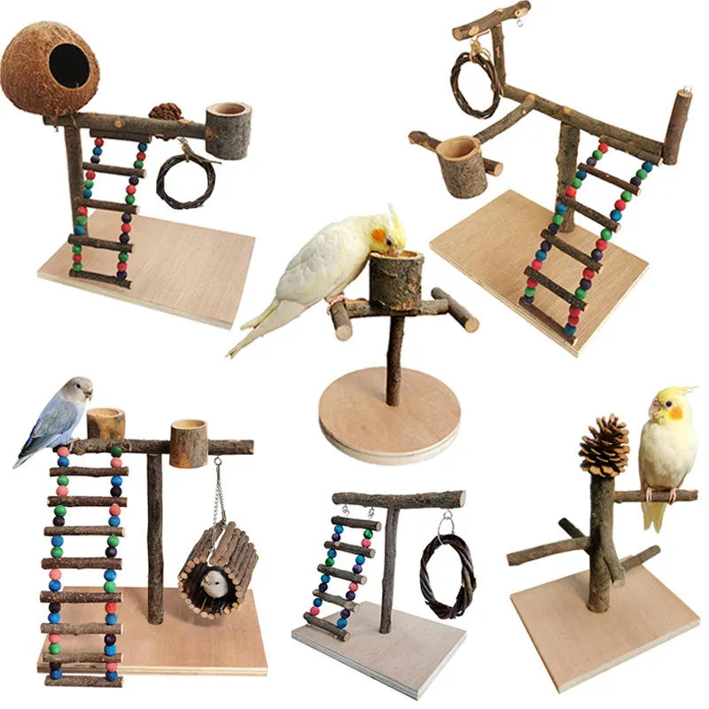 Natural Wood Bird Playground With Removable Toys, Bowl, Swing Bridge