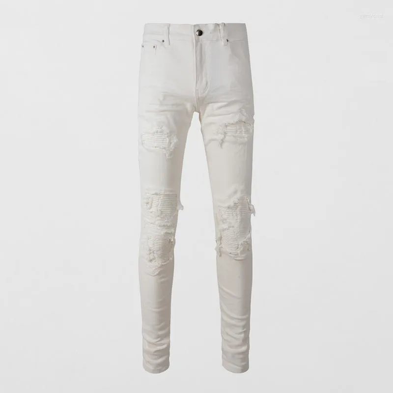 Jeans Masculino High Street Moda Masculino Branco Stretch Slim Fit Corte Rasgado Calças de Marca de Hip Hop Remendadas