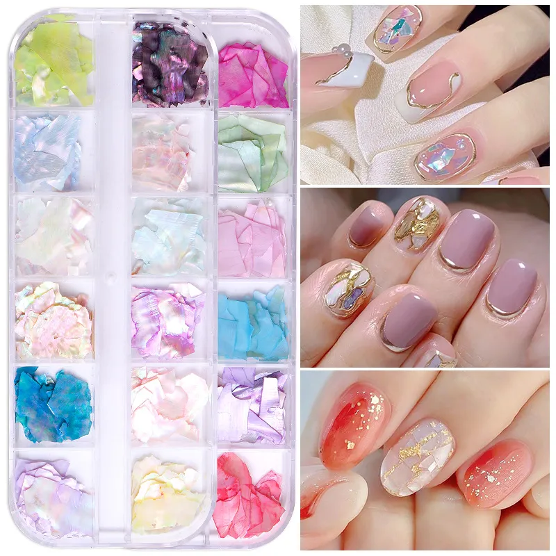 Nail Art Shell Skivor 3D Nail Charms Oregelbundna snäckskalsskivor UV Gel Flake Nail Supplies Sjöjungfru Nagelpaljetter Dekorationer för DIY Nail Design