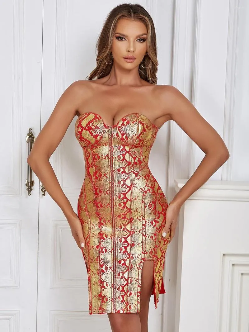 Casual Jurken 2023 Zomer Vrouwen Luxe Goud Print Sexy Strapless Off Shoulder Mouwloos Bodycon Nachtclub Verjaardagsfeestje Jurk Vestidos