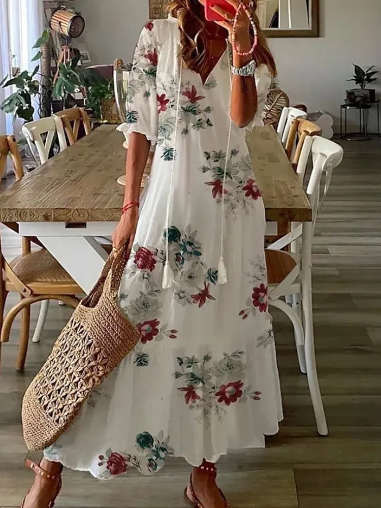 Podstawowe sukienki swobodne eleganckie boho kwiatowy nadruk długie kobiety vneck krótki rękaw słodka luźna sukienka maxi moda marszczyń żeńska 230706