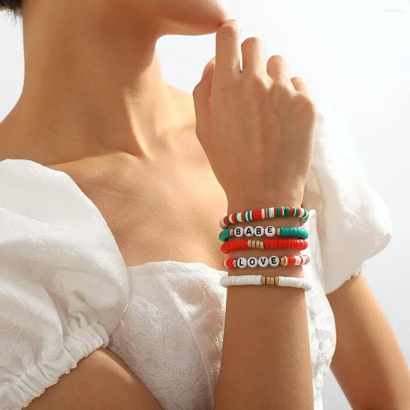 Braccialetti di collegamento Mizhu Ceramica morbida Braccialetto di moda colorato Lettera di Natale Resina Stile elastico Regalo Festa di fidanzamento