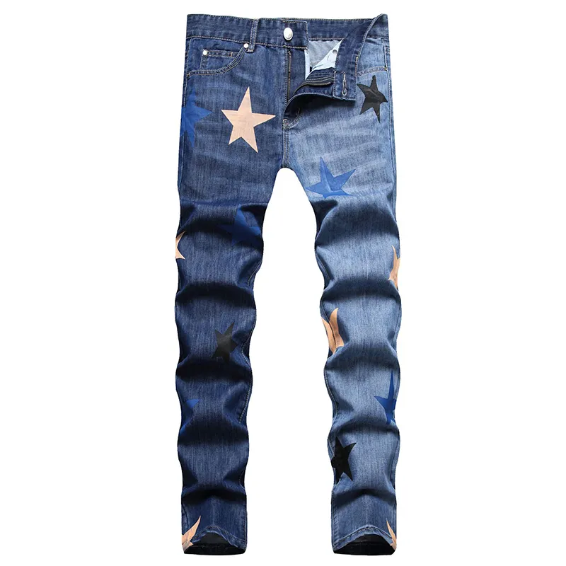 Double couleur hommes jean automne vaporisateur imprimé étoile pantalon slim coupe ajustée couleur contraste Design Streetwear Punk Denim vêtements