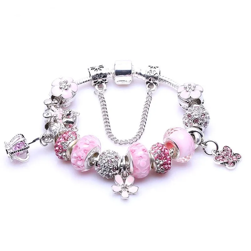 925 Sterling Silver Murano Glass Beads Pink Five Petals Flower European Charm Beads Butterfly Crown Dangle Fits  Charm Bracelets Necklace