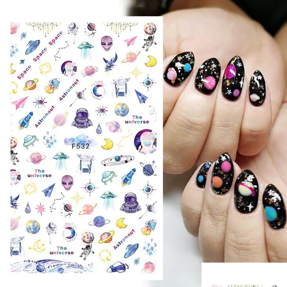 Stickers Decals Space Colorf Planet Alien Design 3D Nails Transfer Sliders For Nail Art Decoration Adhesive Manicure Drop Delivery Dhfoy