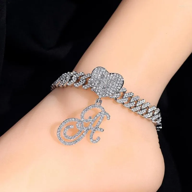 Anklets Trendy Crystal Cursive Letters Cuban Anklet For Women Bling 12MM Link Ankle Chain Heart Initials Hip Hop Jewelry