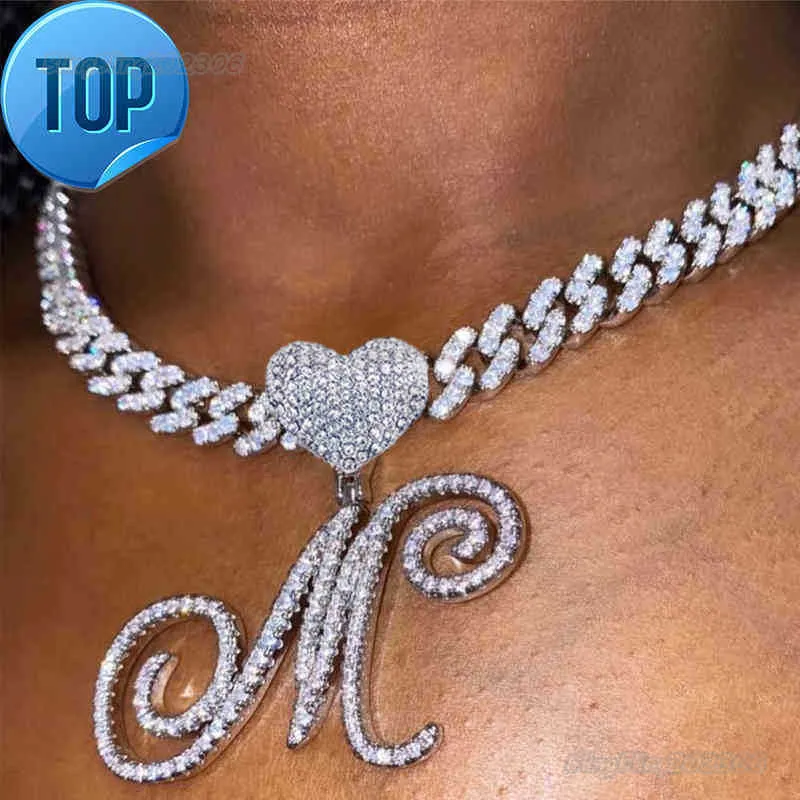 HBP Neue A-z Cursive Letter Herz Anhänger Iced Out Kubanische Halskette für Frauen Initial Zirkon Link Kette Choker hip Hop Schmuck