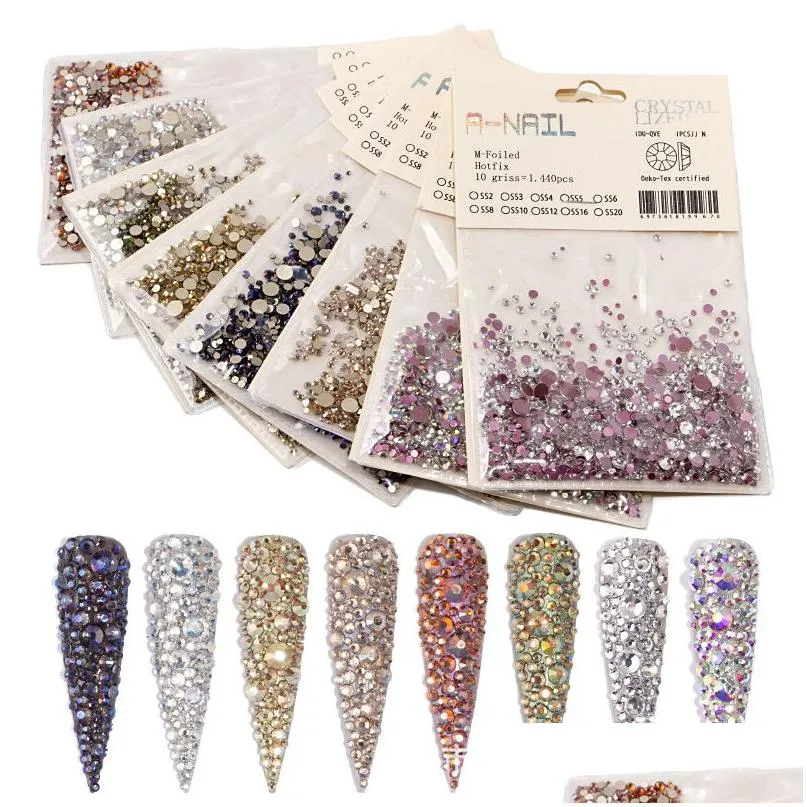 Nail Art Decorations 1440Pcs/Pack Rhinestone Ss2-Ss20 Flat Bottom Ab Flame Crystal Rose Gold Row Drill Shiny Glass Diamond 3D Nails Dh6Op