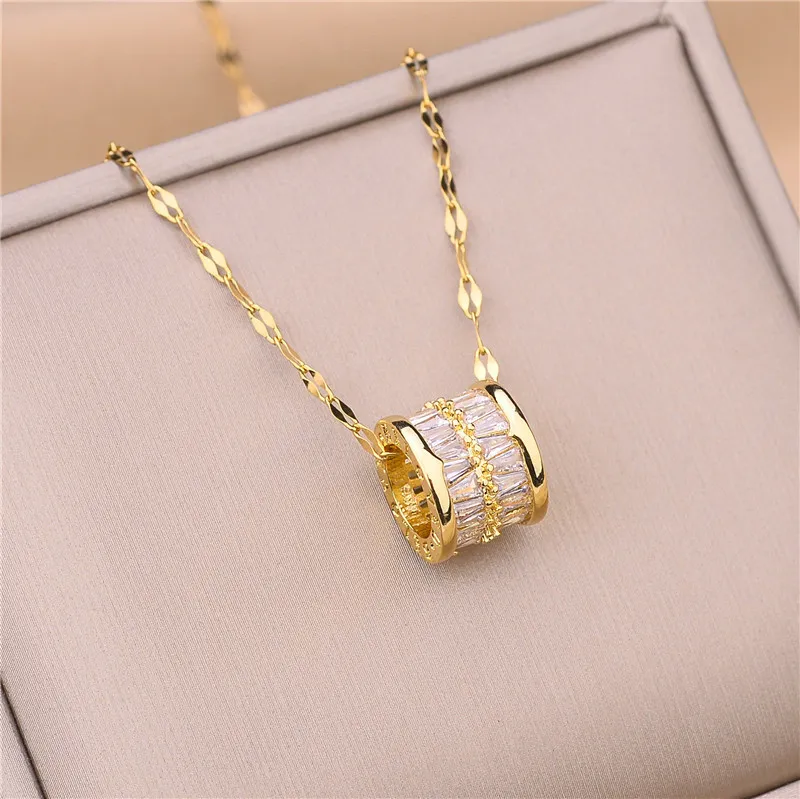 Classic Design Pink Purple Zircon Necklace Gold Plated Stainless Steel Jewelry for Gift