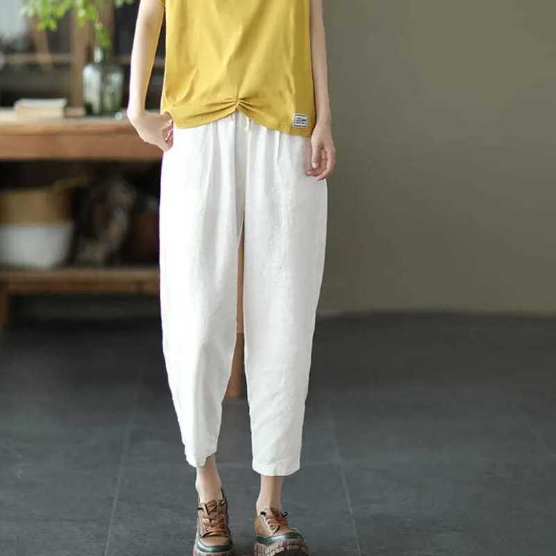 T-Shirt Rimocy 2022 Summer Casual Cotton Linen Pants Women Retro Pockets Loose Harem Pants Woman Solid Elastic Waist Trousers Female