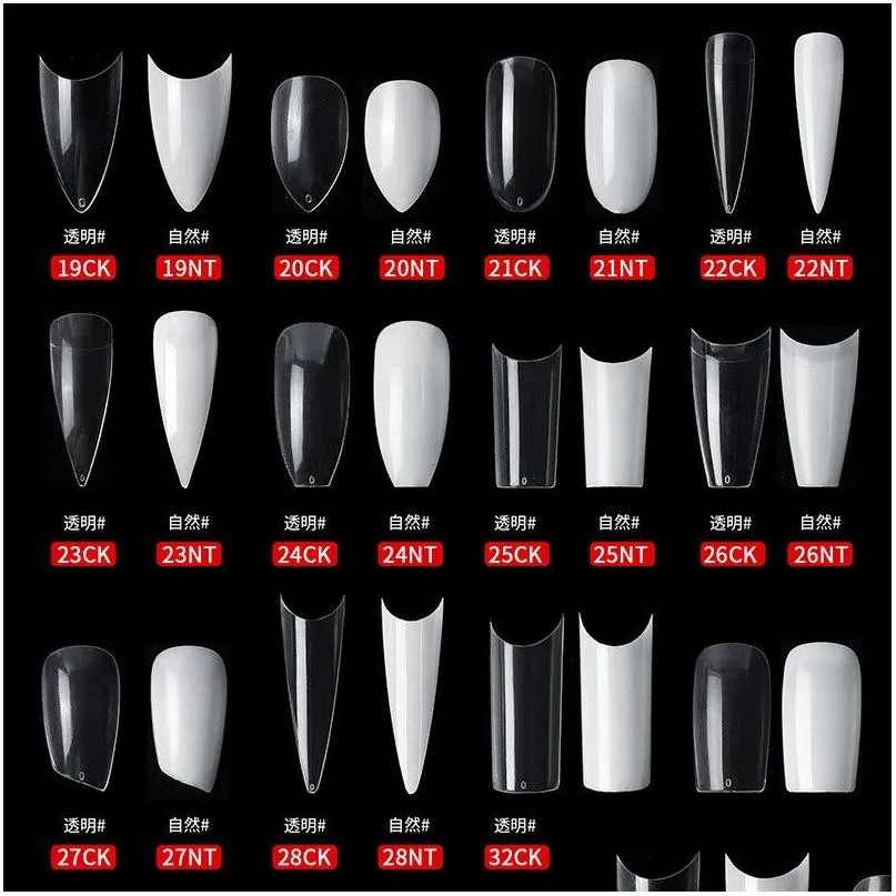 False Nails 500st/påse Naturlig genomskinlig akryl nagelspetsar Fl/Half Er French Sharp Kista Ballerina Fake Uv Gel Manicure Tools 500 Drop Dhdvq