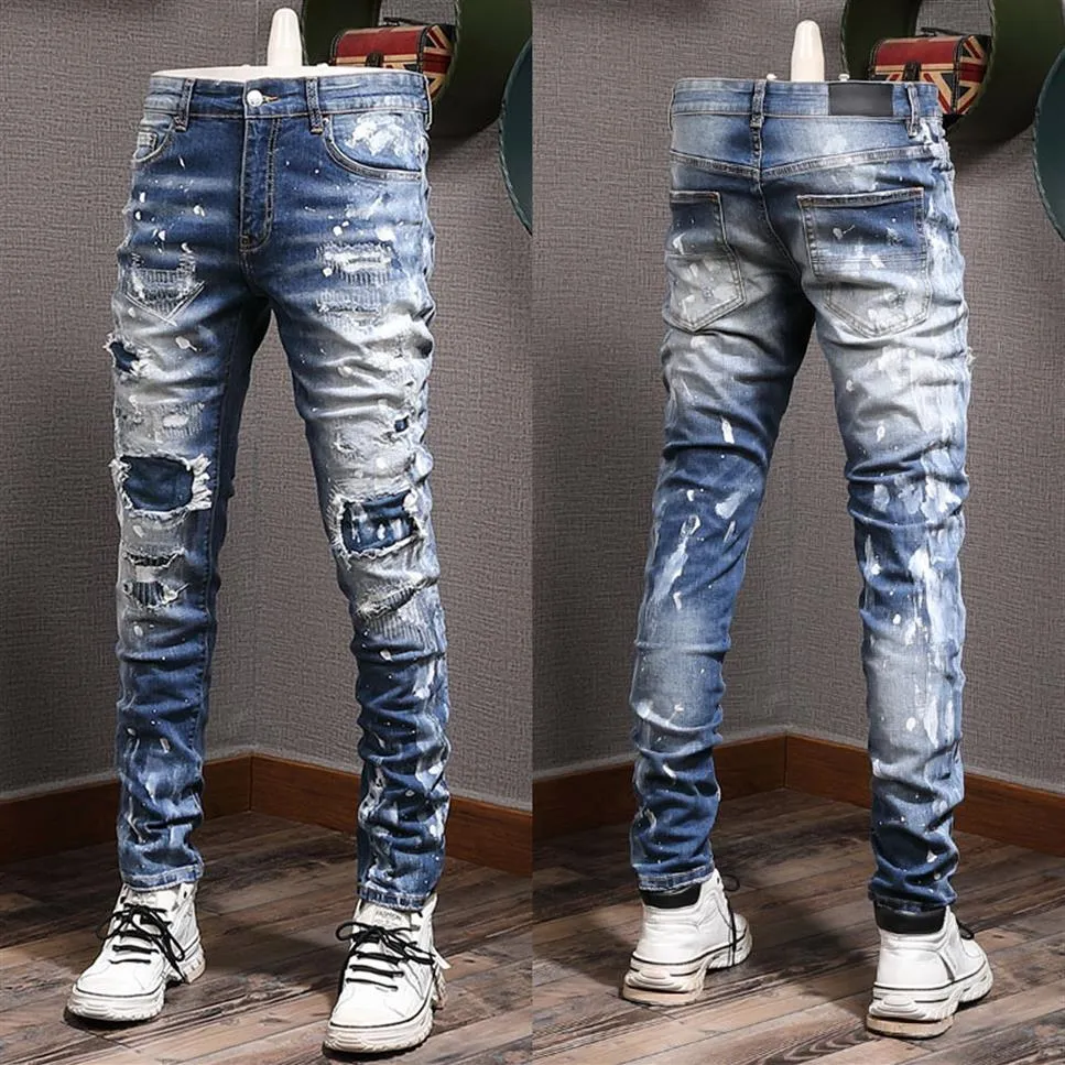 Painted Stitch Detail Jeans Mens Distressed Vintage Slim Fit Leg Denim Trousers Male318R