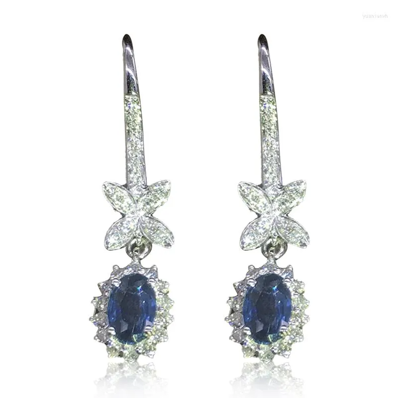 Boucles d'oreilles pendantes luxe mode bleu Zircon ovale coupe CZ pierre goutte pour les femmes couleur argent bijoux Banquet fête cadeau