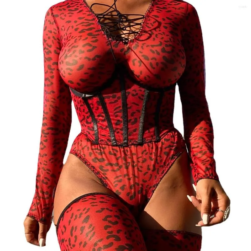 Conjuntos de sutiãs Roupas íntimas engraçadas Mesh Bodysuit sexy com estampa de leopardo Manga comprida Roupa de dormir com alça íntima Exotic Apparel 2023