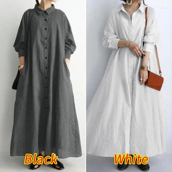 Ethnic Clothing Muslim Abaya Striped Lapel Femme Pocket Simple Loose Casual Long Shirt Dress Caftan Kaftan Elegant Vestidos Ramadan