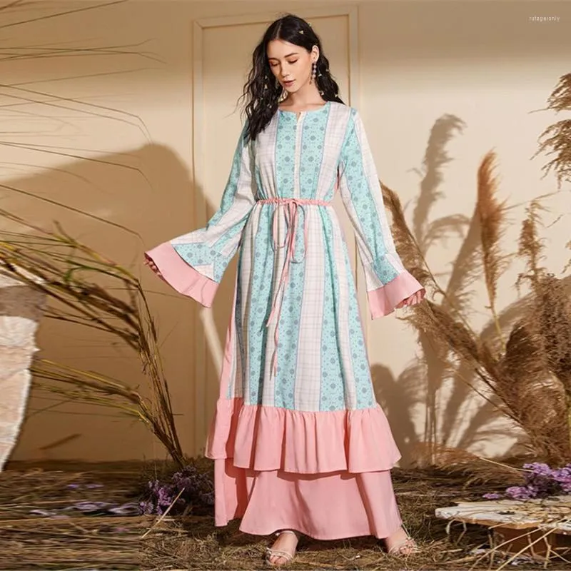 Ropa étnica Moda Pastel Estilo Islámico Abaya Dubai Árabe Musulmán Hijab Vestido Islam Maxi Mujeres Volantes Vestidos Robe F2732