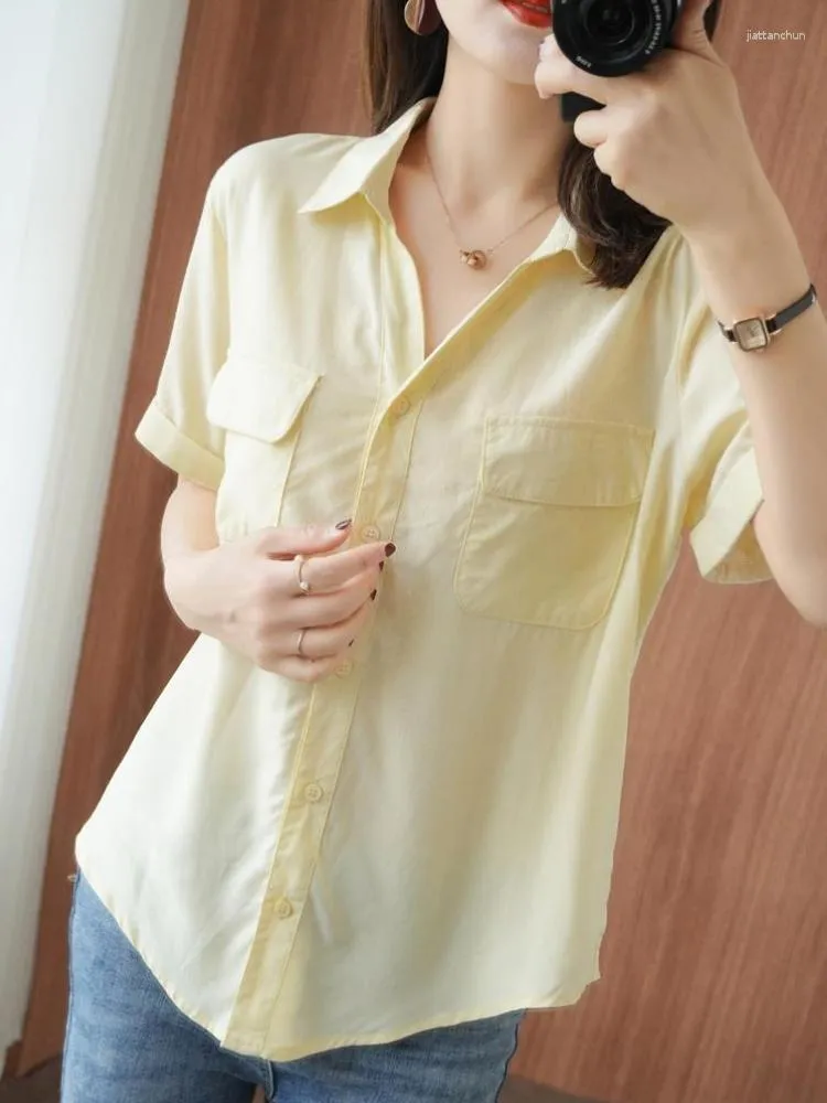 Women's Blouses Solid White Yellow Shirt Women's Lapel Button Up Summer Tops Pockets Office Korean Loose Top Casual Ladies Shirts