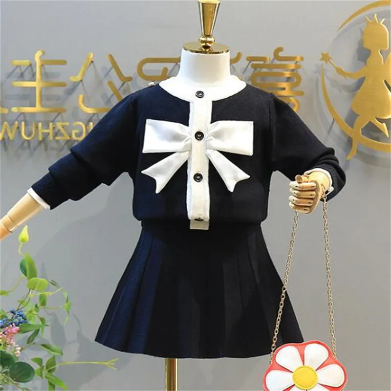 Autumn Winter Kids Clothing Sets Girls Bow Sweater Coat+Knitted Skirt Suit Fashion Children Girls Outfit Clothes