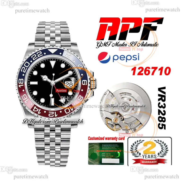 APF Pepsi GMT II VR3186 VR3285 Montre automatique pour homme Bleu Rouge Lunette en céramique Cadran noir 904L JubileeSteel Bracelet Super Edition Même carte série Reloj Hombre Puretime