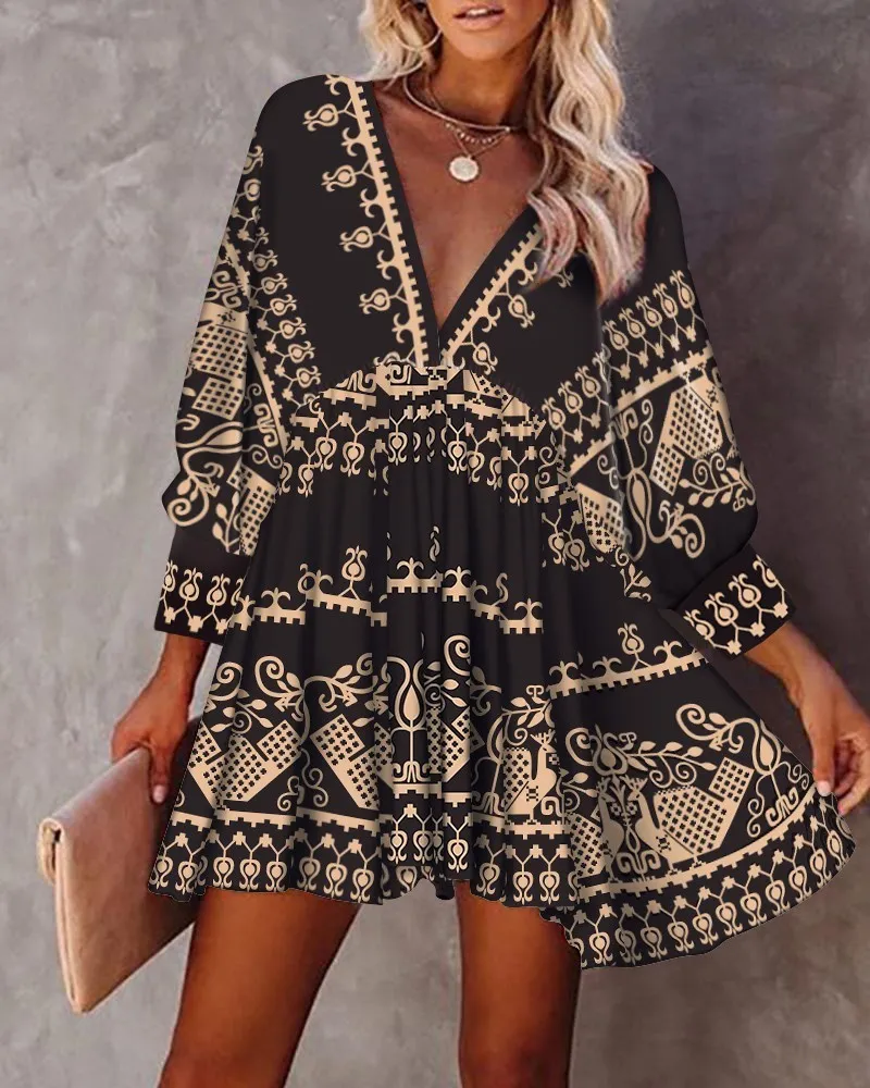 Basic Casual Dresses Tribal Print Dress V Neck Summer Spring Sexy Loose Long Lantern Sleeve Swing Party Evening High Waist Mini 230706