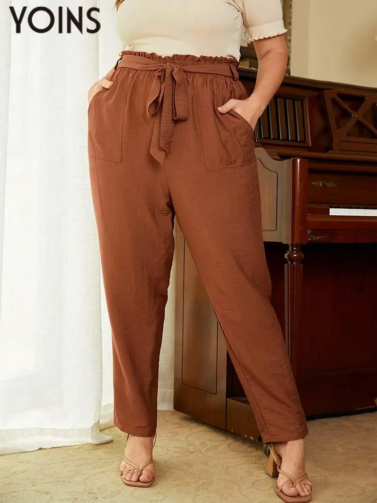 Комплекты Yoins, винтажные штаны-шаровары, женские повседневные брюки с высокой талией и поясом, карманами, осень 2023, модные брюки больших размеров Femme 4xl
