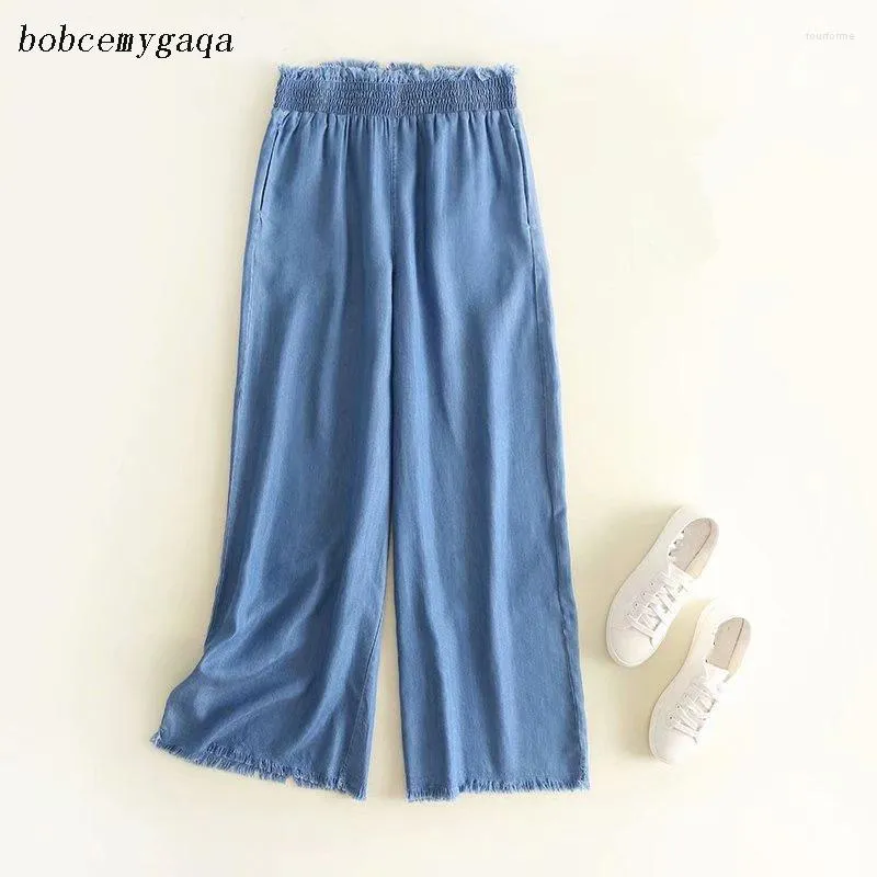 Женские брюки эластичные талию мягкие джинсы с бахромой шикарной кисточки с синим светом свободный палаццо повседневное весеннее лето